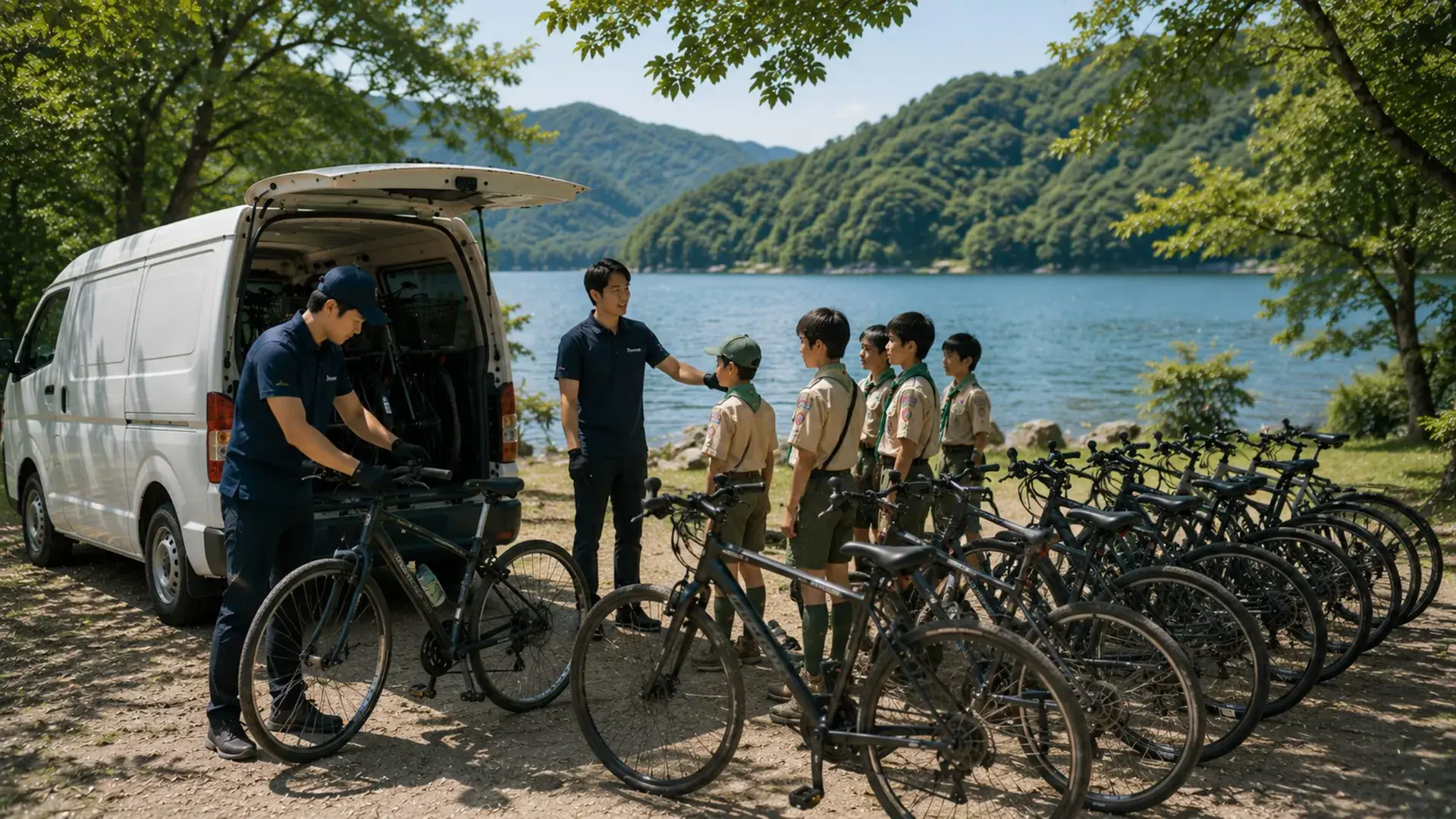 キャンプ場へ自転車を届けるスタッフ