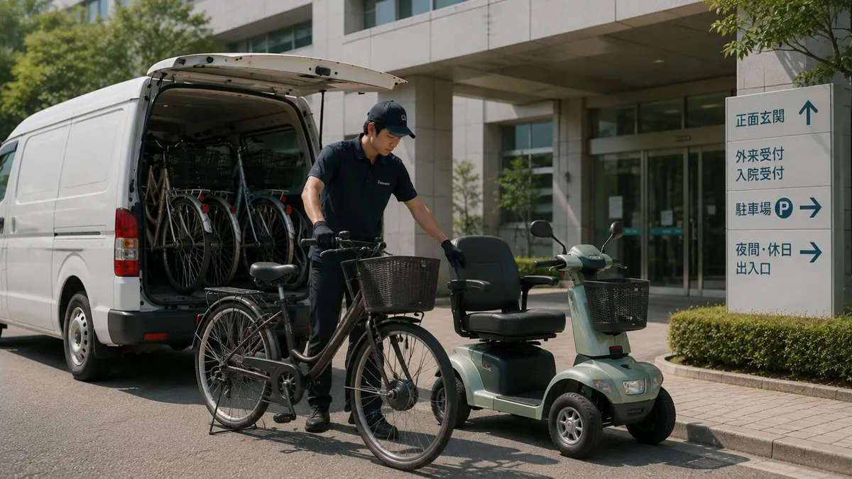 病院前に車両を配備するスタッフ