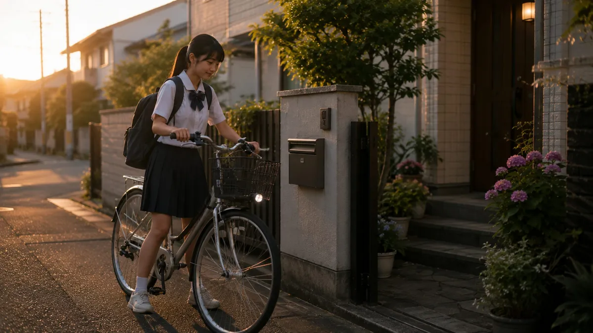 朝、自転車で通学に出発する学生
