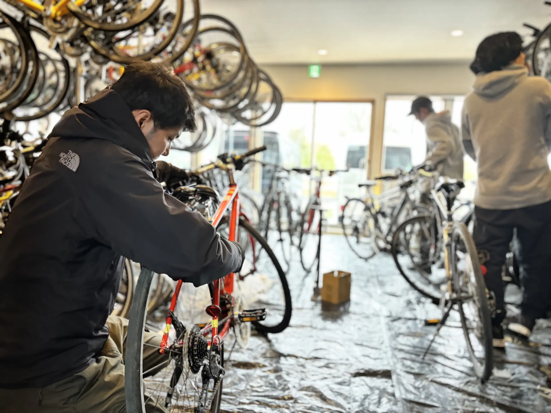 店内でレンタサイクルを整備するスタッフ